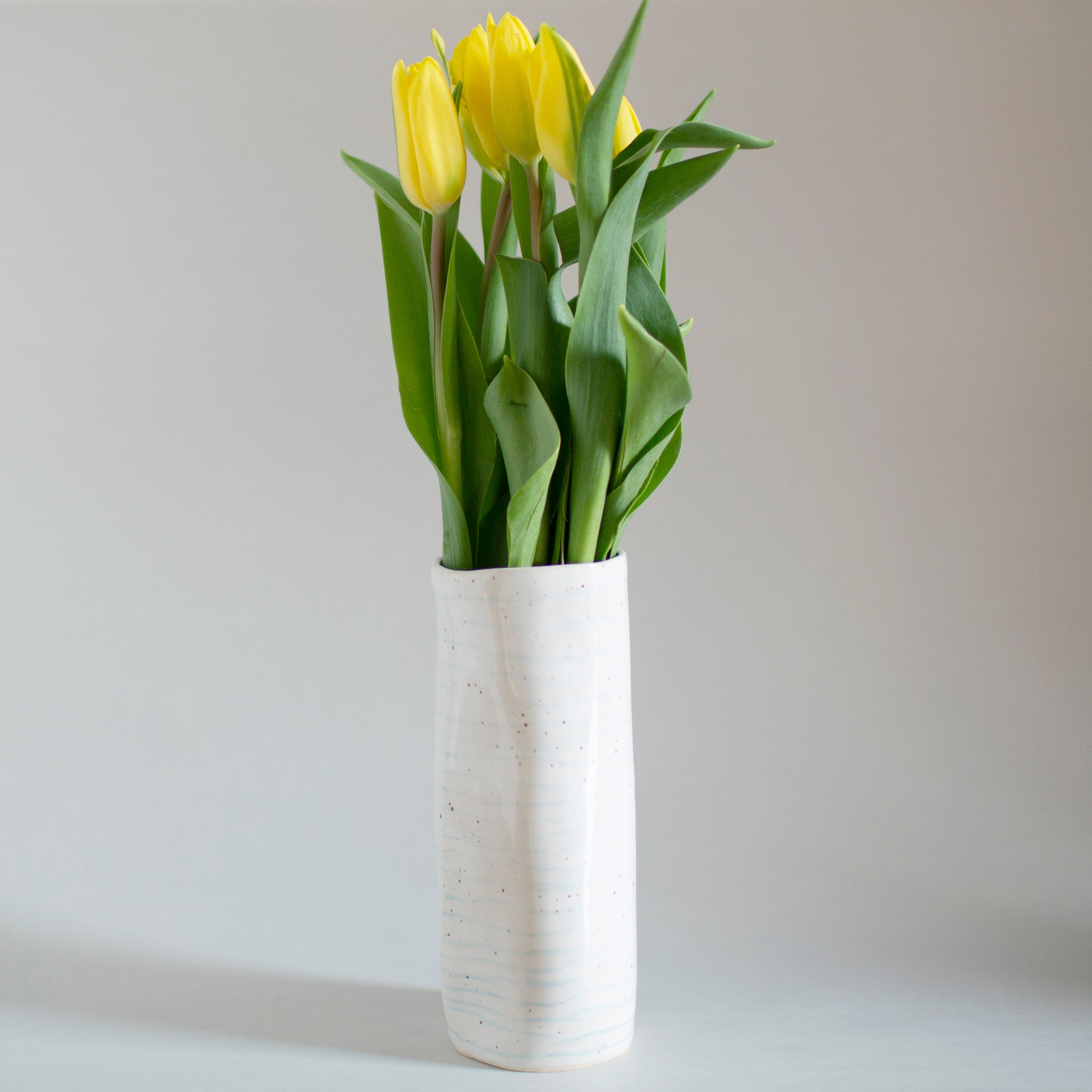 speckled vase with light blue lines